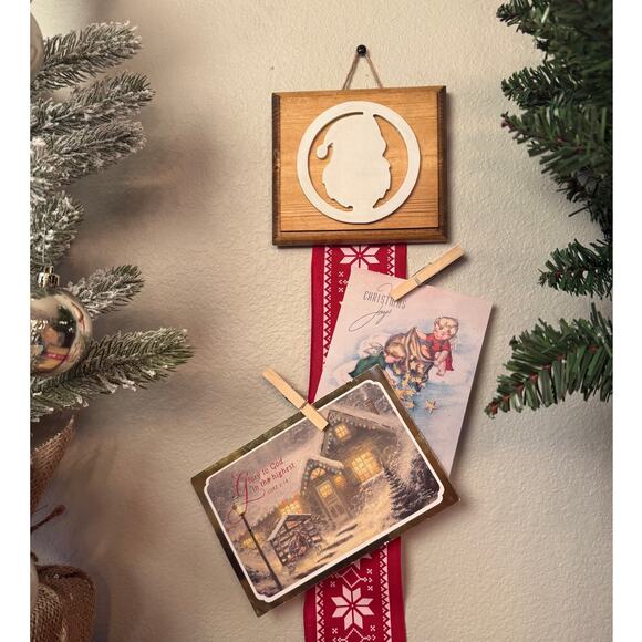 Holiday Merry Mail Card Holder Wooden Topper Santa Claus Snowflake Ribbon - Picture 1 of 5